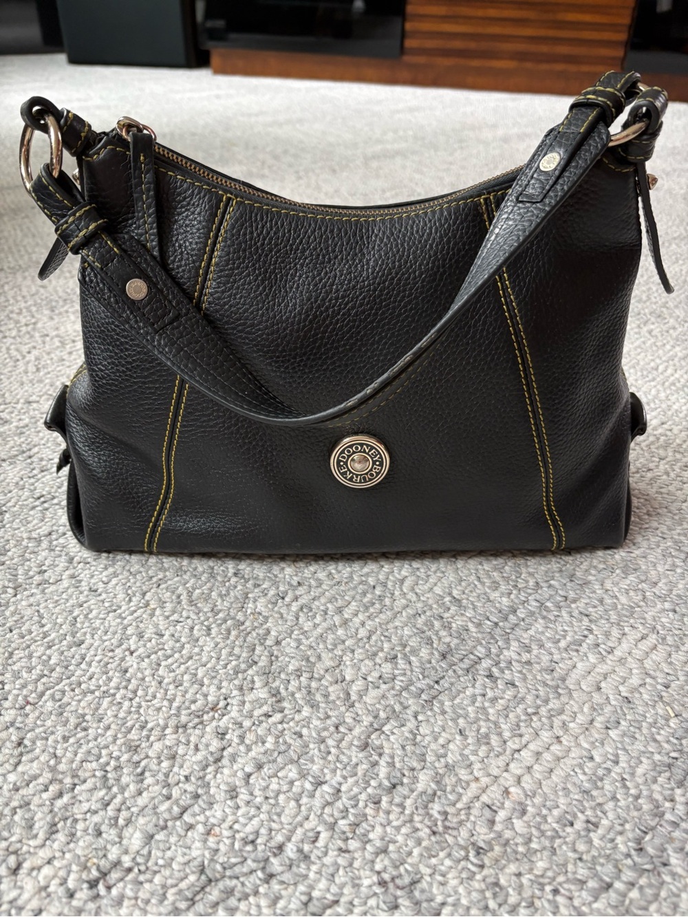 SOLD: Dooney & Bourke Black Leather Shoulder Bag with Yellow Stitching